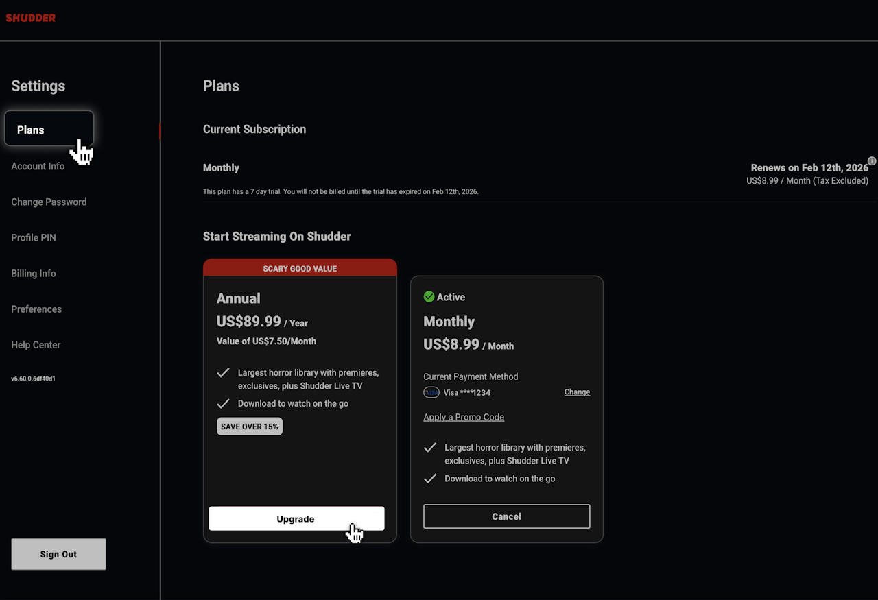 Screenshot of the settings page on the Shudder website - click to enlarge Screenshot of the settings page on the Shudder website