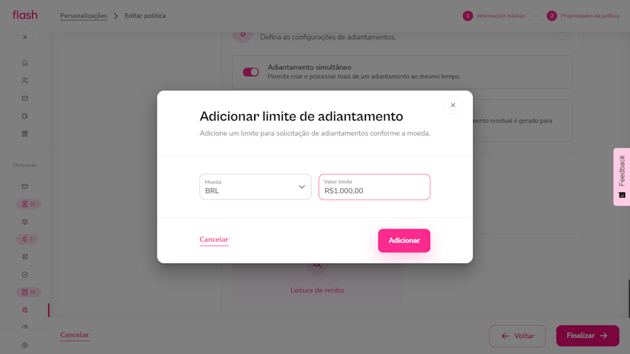 Configurar politica de despesa. Campo de adicionar limite de adiantamento.