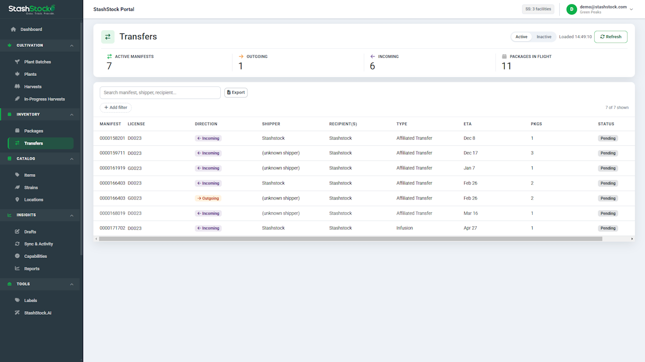 Transfers list with active/inactive toggle - click to enlarge Transfers list with active/inactive toggle