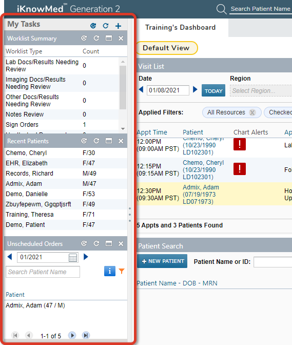The My Tasks tray open and highlighted on the left - click to enlarge The My Tasks tray open and highlighted on the left