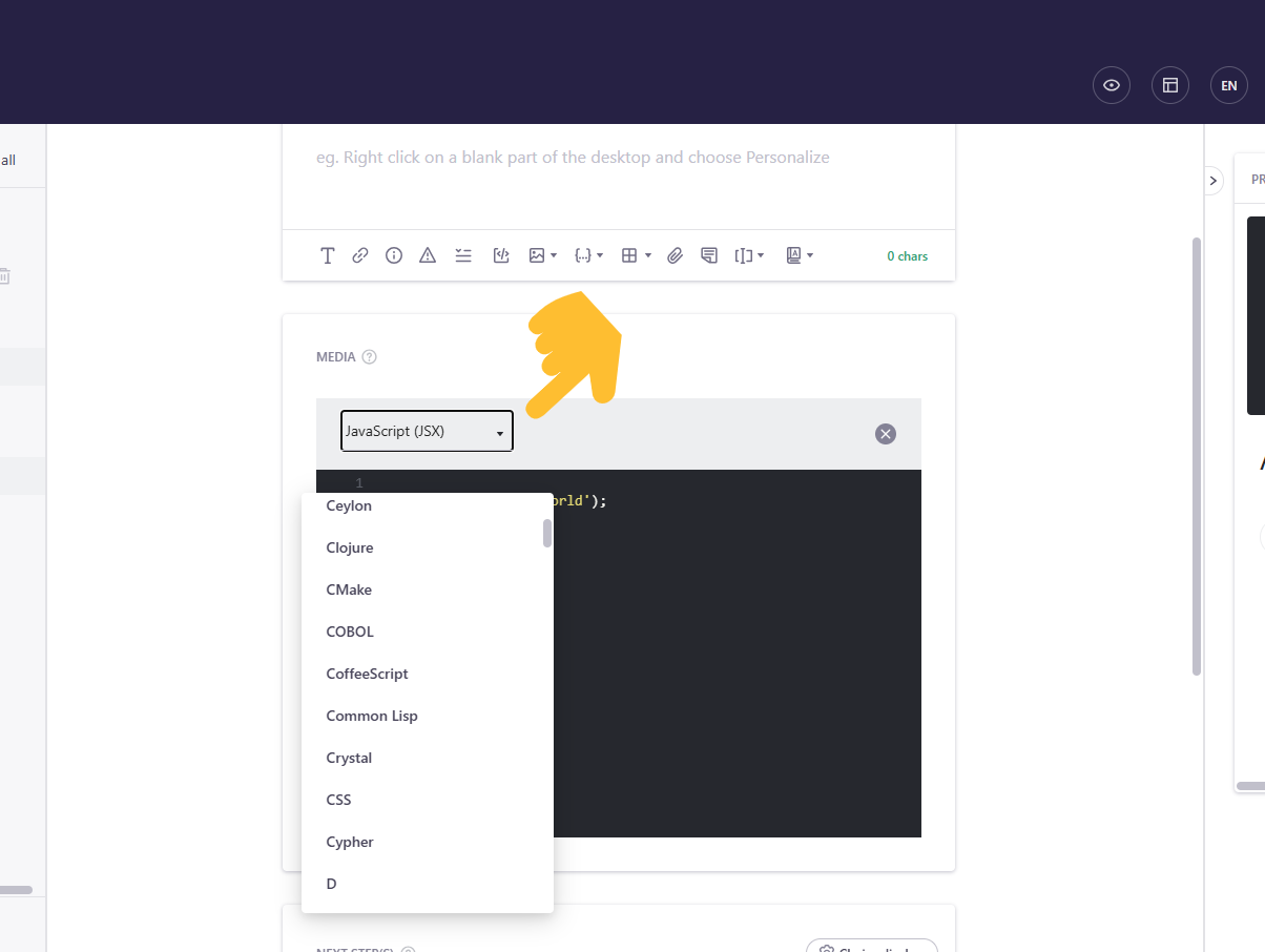 Syntax highlighting menu with a language selector open in the code editor. - click to enlarge Syntax highlighting menu with a language selector open in the code editor.