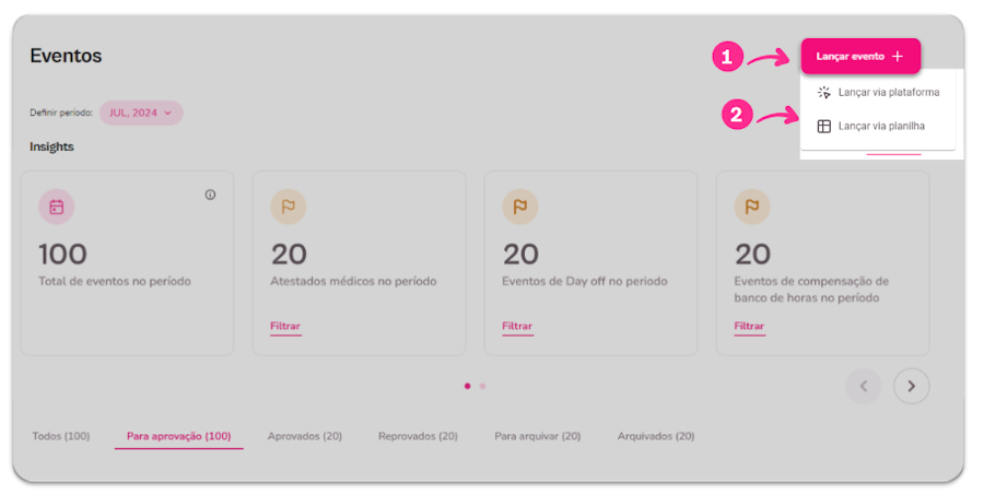 Consultar e lançar evento da equipe. Tela de lançamento via planilha