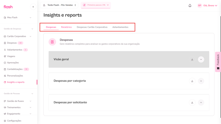 imagem da plataforma com destaque para opções de relatórios