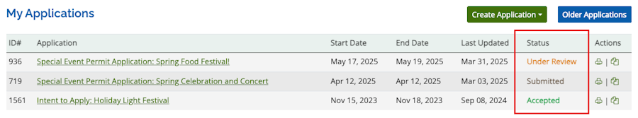 Image of the My Applications area of the Dashboard, with the Status column highlighted to show the different statuses of the application.