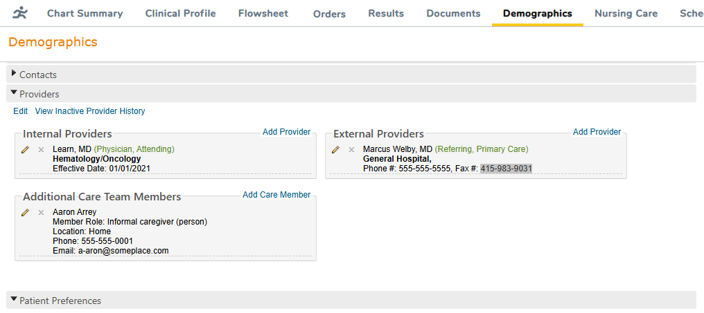 The Providers section under Demographics with 1 Internal Provider, 1 External Provider, and 1 Additional Care Team Member entered - click to enlarge The Providers section under Demographics with 1 Internal Provider, 1 External Provider, and 1 Additional Care Team Member entered