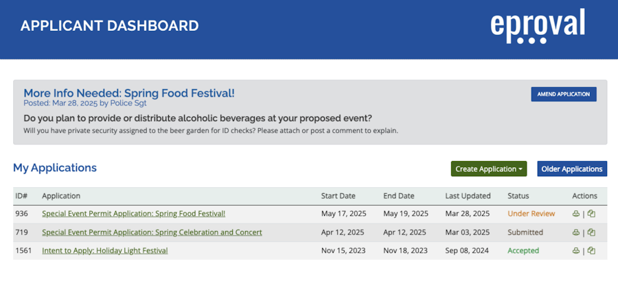 Example of the applicant dashboard.
