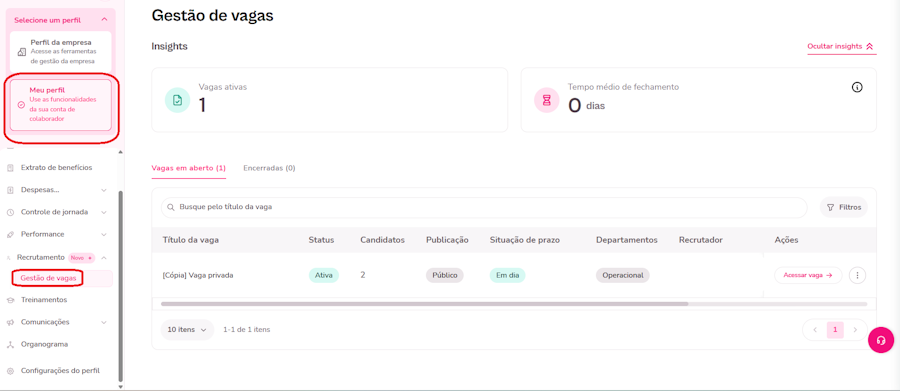 imagem exemplo com destaque para opção de troca de perfil e visão gestor