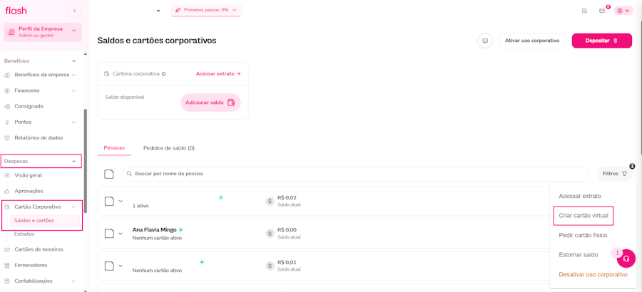 Cartão Virtual Corporativo. Criando cartão para uma pessoa específica.
