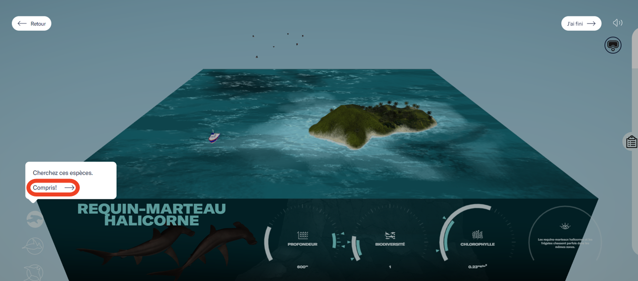 La carte de l'expérience et le tutoriel du panneau d'information. Sur le côté gauche du panneau se trouve une section avec des icônes pour chaque espèce rencontrée dans l'expérience. Une boîte pop-up explique la section. Un bouton "Compris!" est mis en évidence sur la boîte. - click to enlarge La carte de l'expérience et le tutoriel du panneau d'information. Sur le côté gauche du panneau se trouve une section avec des icônes pour chaque espèce rencontrée dans l'expérience. Une boîte pop-up explique la section. Un bouton "Compris!" est mis en évidence sur la boîte.