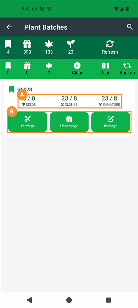 Plant Batches page with callouts: seed, clone, and immature counts (a) and the Cuttings, Unpackage, Manage buttons (b) - click to enlarge Plant Batches page with callouts: seed, clone, and immature counts (a) and the Cuttings, Unpackage, Manage buttons (b)