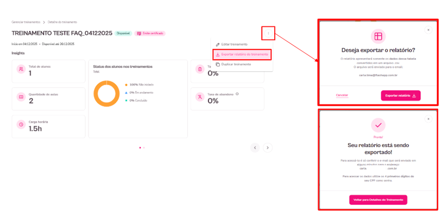 imagem da plataforma com o passo a passo para exportar um relatório de indicador