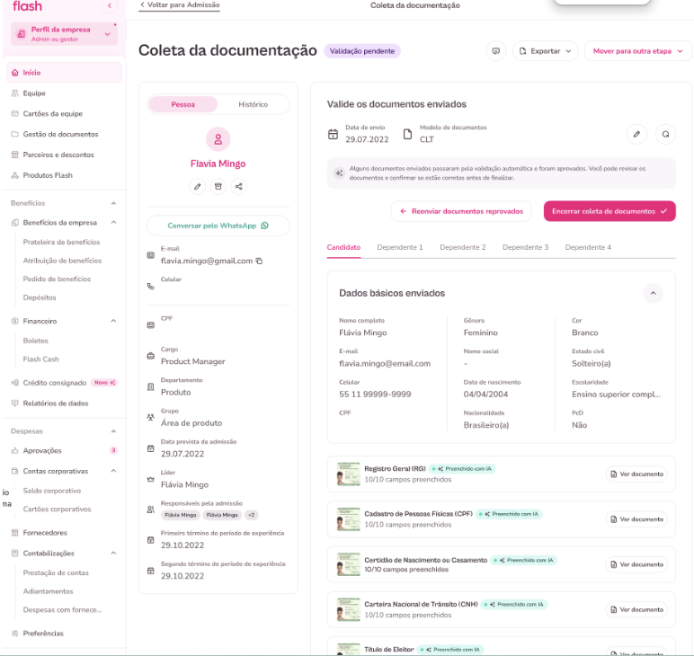 imagem exemplo de com dados e documentos de um colaborador na visão administrador