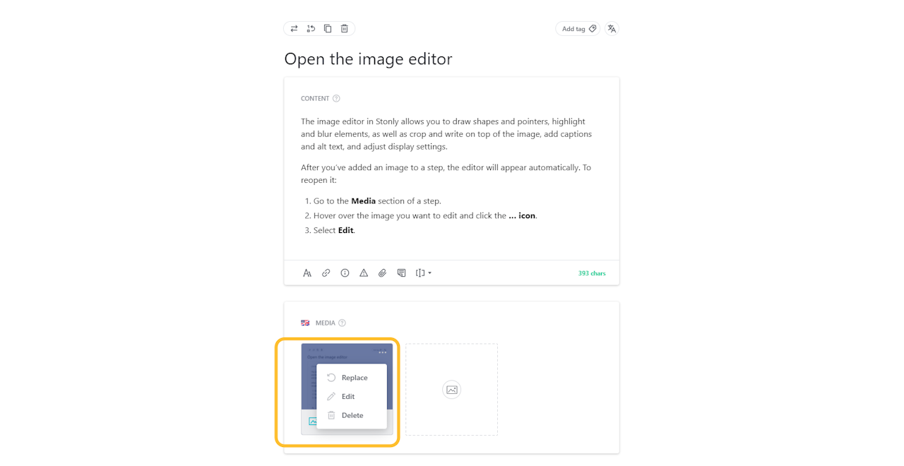 Screenshot of the step editor, highlighting the Media section. - click to enlarge Screenshot of the step editor, highlighting the Media section.