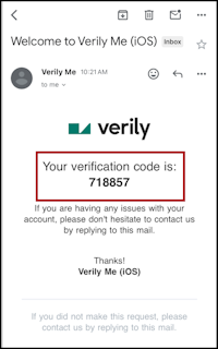Email from Verily Me displaying 6-digit verification code with message "Your verification code is: 718857""