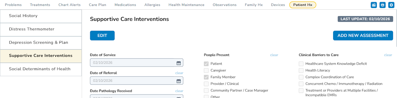 The Supportive Care Interventions section under the Patient Hx tab - click to enlarge The Supportive Care Interventions section under the Patient Hx tab