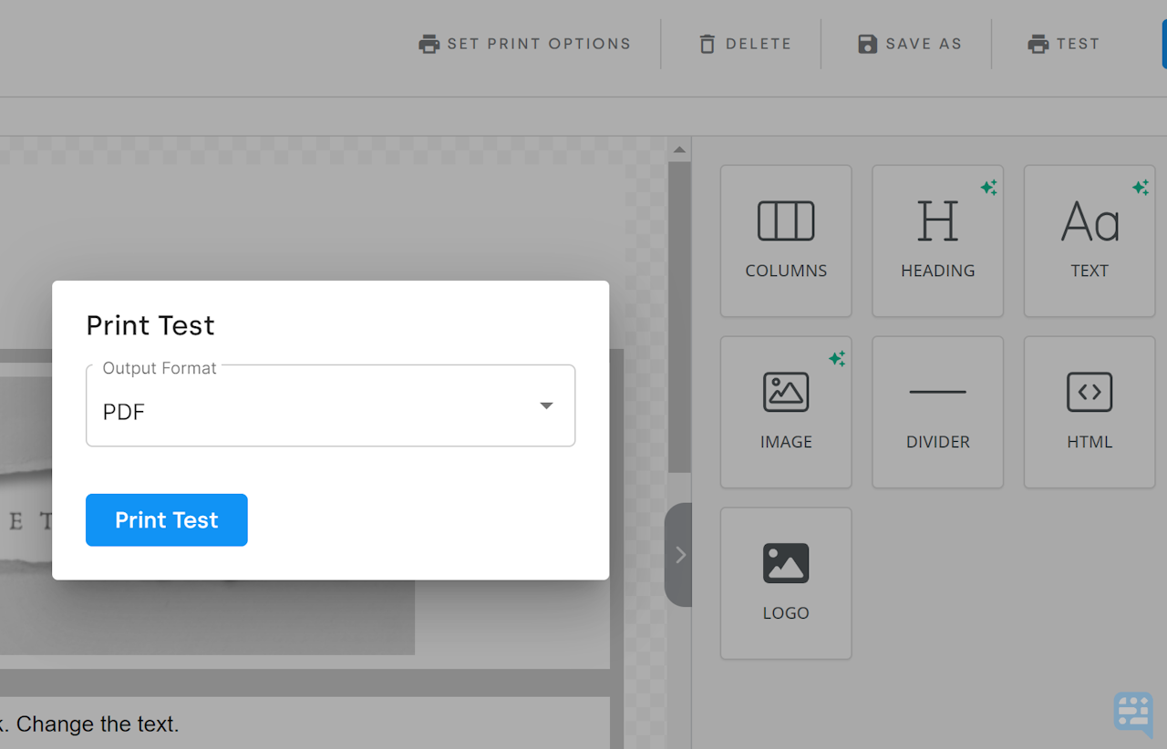 PRINT TEST POP UP SHOWING DROPDOWN TO SELECT OUTPUT FORMAT, PDF OR WORD - click to enlarge PRINT TEST POP UP SHOWING DROPDOWN TO SELECT OUTPUT FORMAT, PDF OR WORD