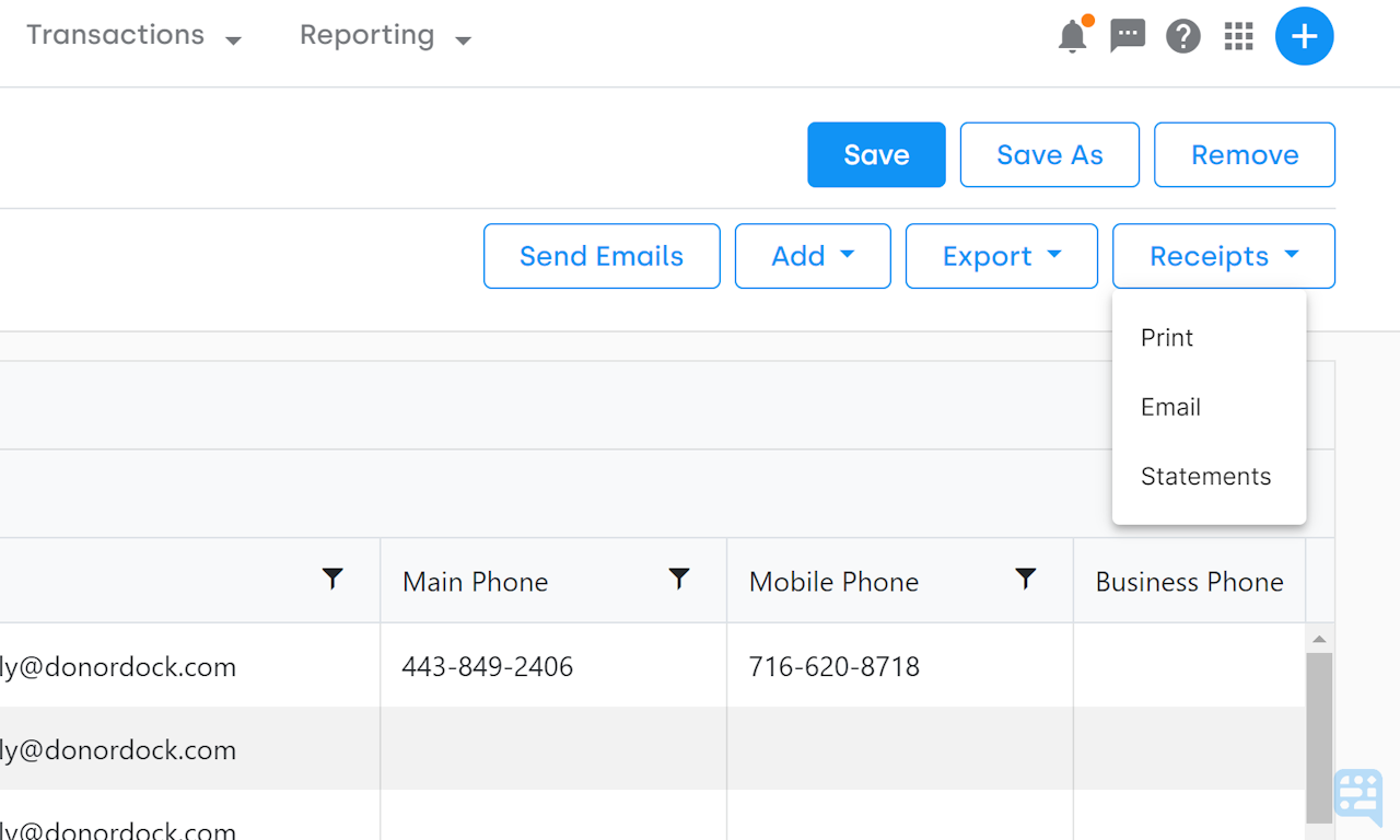 RECEIPT MENU PROMPTS FOR PRINT, EMAIL, OR STATEMENTS SHOWN IN EXAMPLE GIFT REPORT - click to enlarge RECEIPT MENU PROMPTS FOR PRINT, EMAIL, OR STATEMENTS SHOWN IN EXAMPLE GIFT REPORT