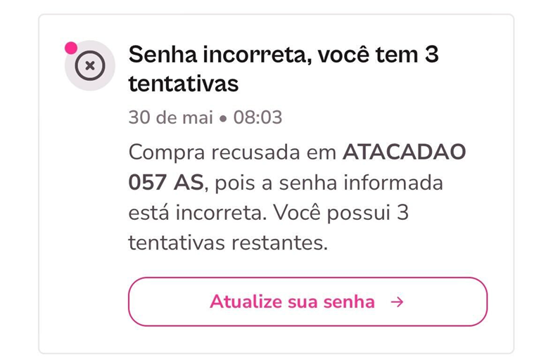 imagem exemplo de transação negada por senha inválida