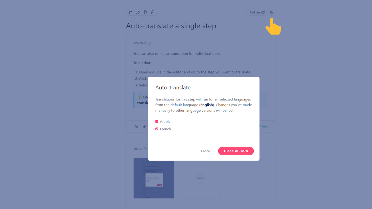 Guide editor with the step auto-translate modal open - cliquez pour agrandir Guide editor with the step auto-translate modal open