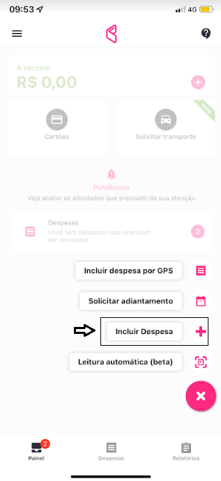 imagem com destaque para a opção incluir despesa