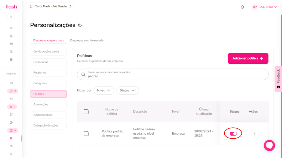 Política de despesas corporativas. Seleção da politica que será inativada
