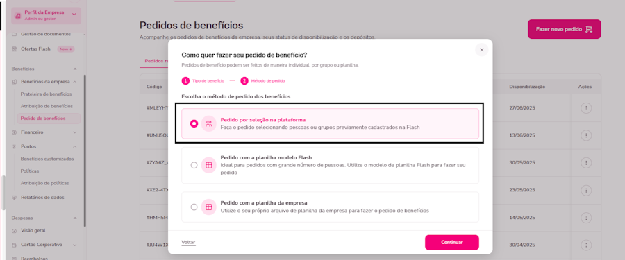 imagem da plataforma com destaque para opção de pedido por seleção.