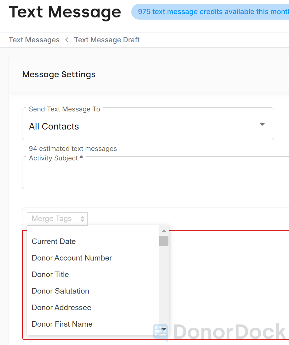 MERGE TAG DROPDOWN AVAILABLE FOR BULK TEXTS - click to enlarge MERGE TAG DROPDOWN AVAILABLE FOR BULK TEXTS