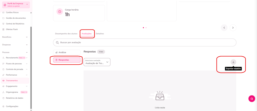 Imagem exemplo do menu de avaliações na plataforma