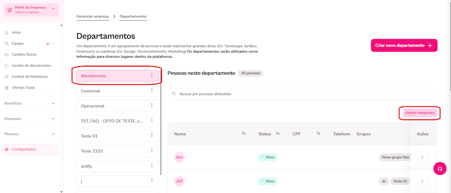 imagem da plataforma com destaque para o botão adicionar integrante em um departamento já criado.