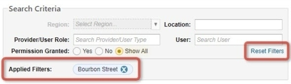 Apply User Profiles with the Applied Filters and Reset Filters options highlighted