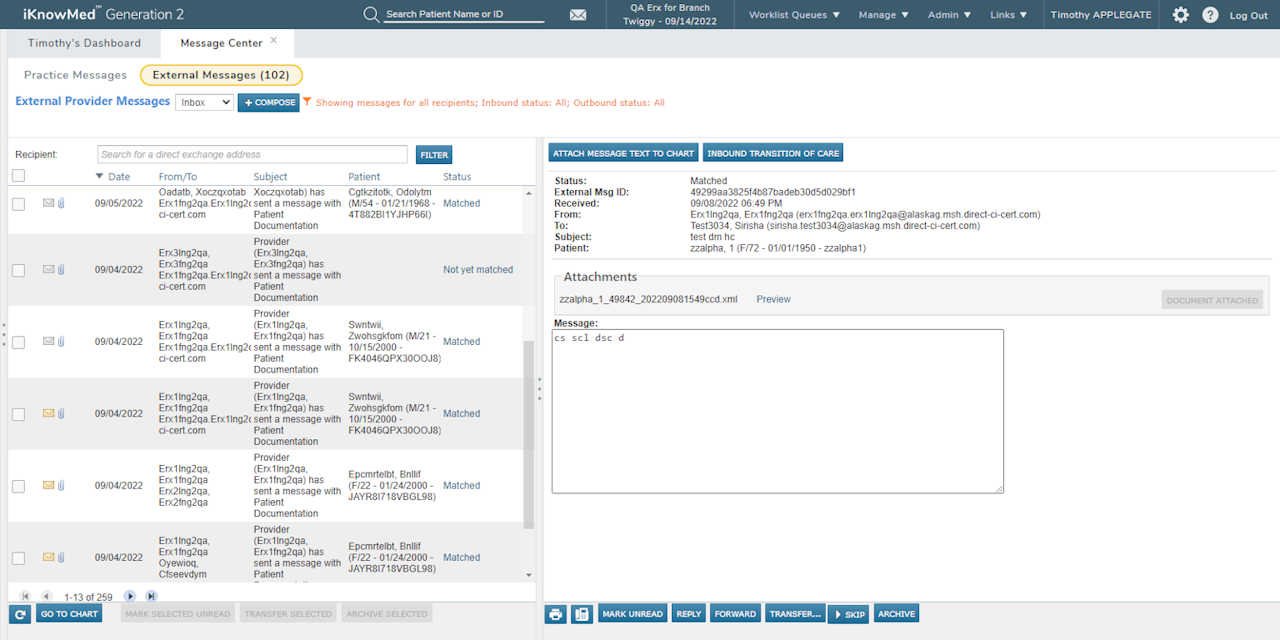 The Message Center with the External Messages tab selected - click to enlarge The Message Center with the External Messages tab selected