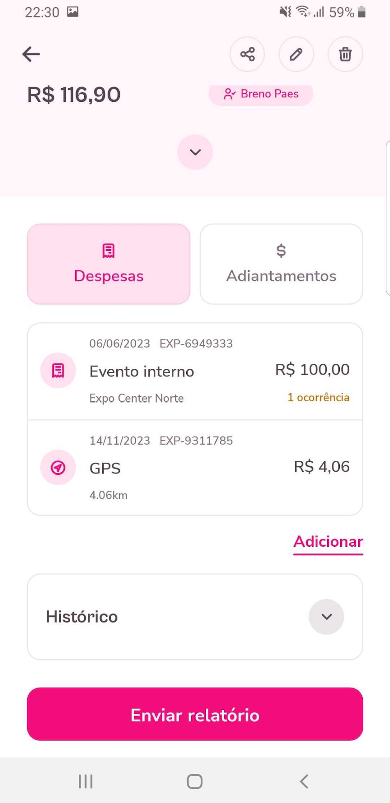 imagem de despesas criadas já associadas a um relatório com o botão enviar relatório ao gestor