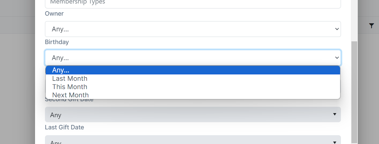 BIRTHDAY FILTER AVAILABLE IN CONTACT REPORTS - click to enlarge BIRTHDAY FILTER AVAILABLE IN CONTACT REPORTS