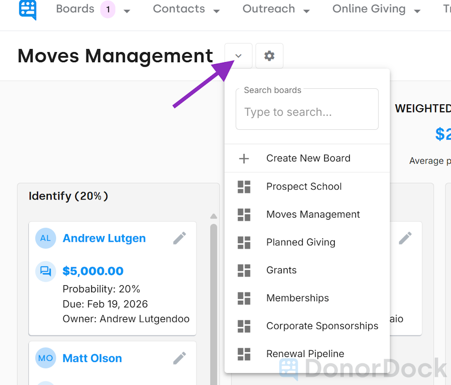 Ask Board selector option menu