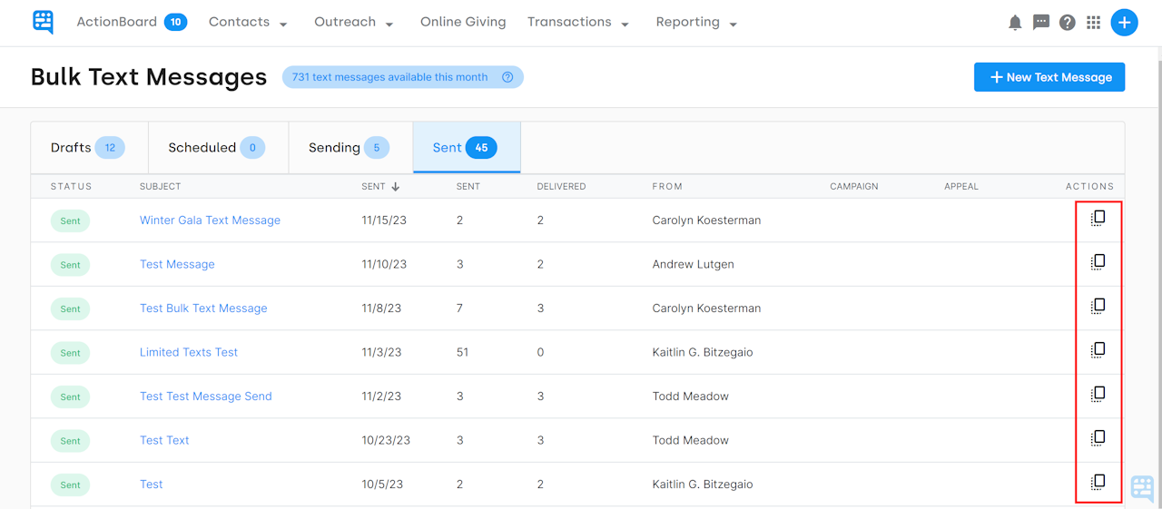 ACTION COLUMN OUTLINED ON SENT BULK TEXTS - click to enlarge ACTION COLUMN OUTLINED ON SENT BULK TEXTS
