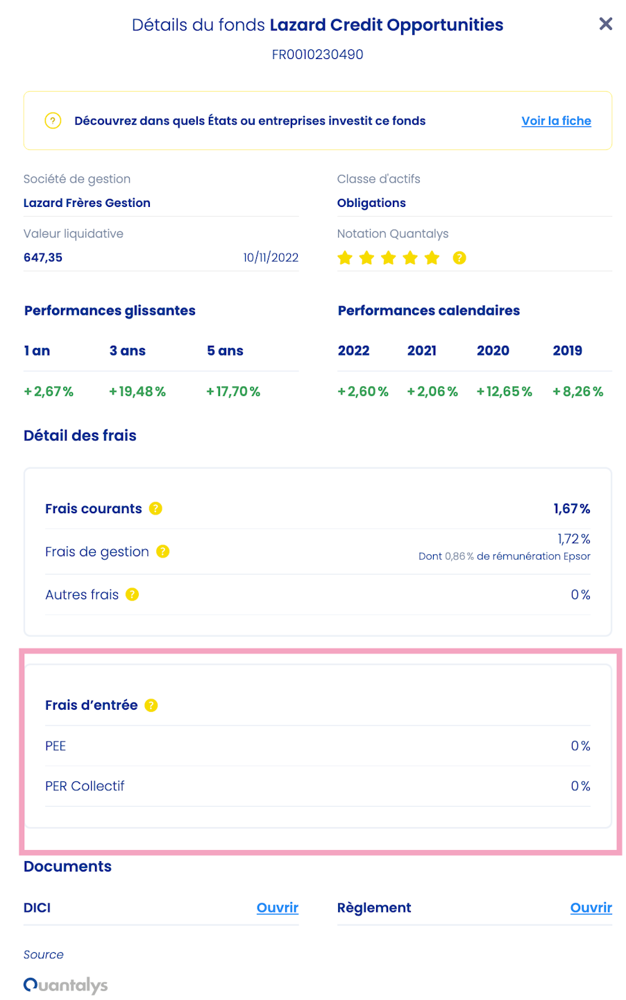 Comment voir les frais d'entrée d'un fonds sur le PER Collectif - click to enlarge Comment voir les frais d'entrée d'un fonds sur le PER Collectif