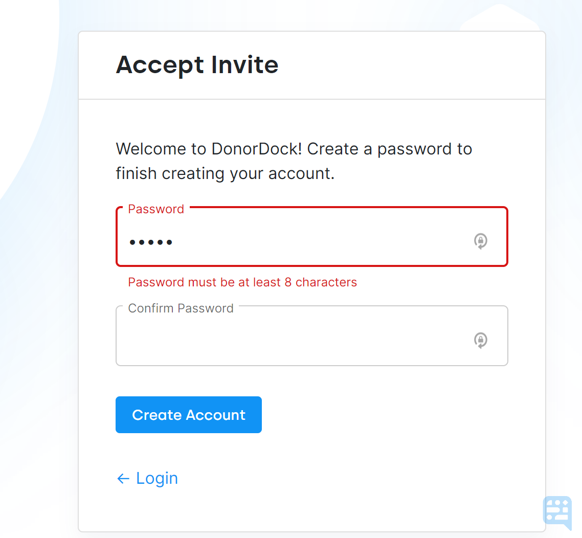 PASSWORD REQUIREMENT FIELD IN RED SHOWING 8 CHARACTER REQUIREMENT - click to enlarge PASSWORD REQUIREMENT FIELD IN RED SHOWING 8 CHARACTER REQUIREMENT