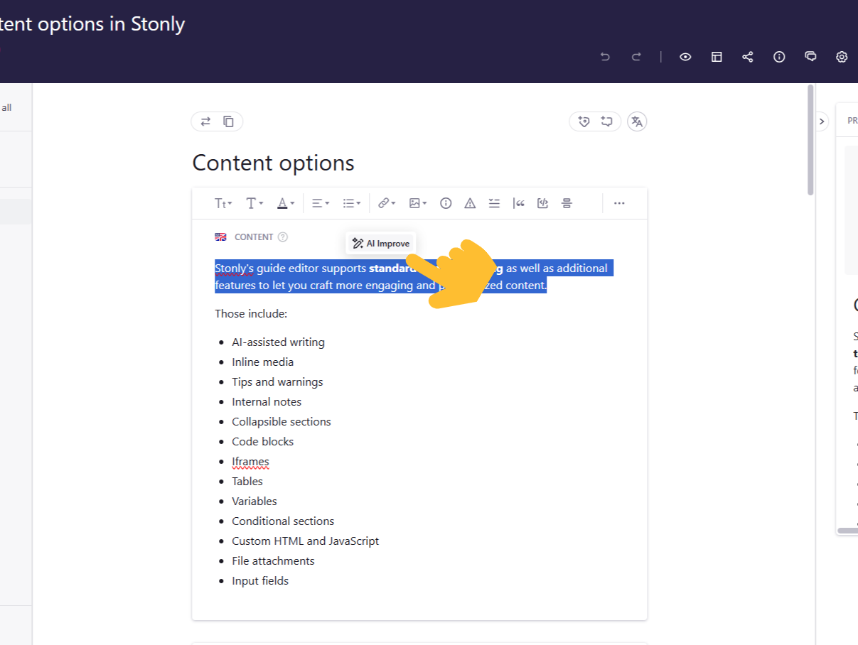 AI improve options displayed for highlighted text. - click to enlarge AI improve options displayed for highlighted text.