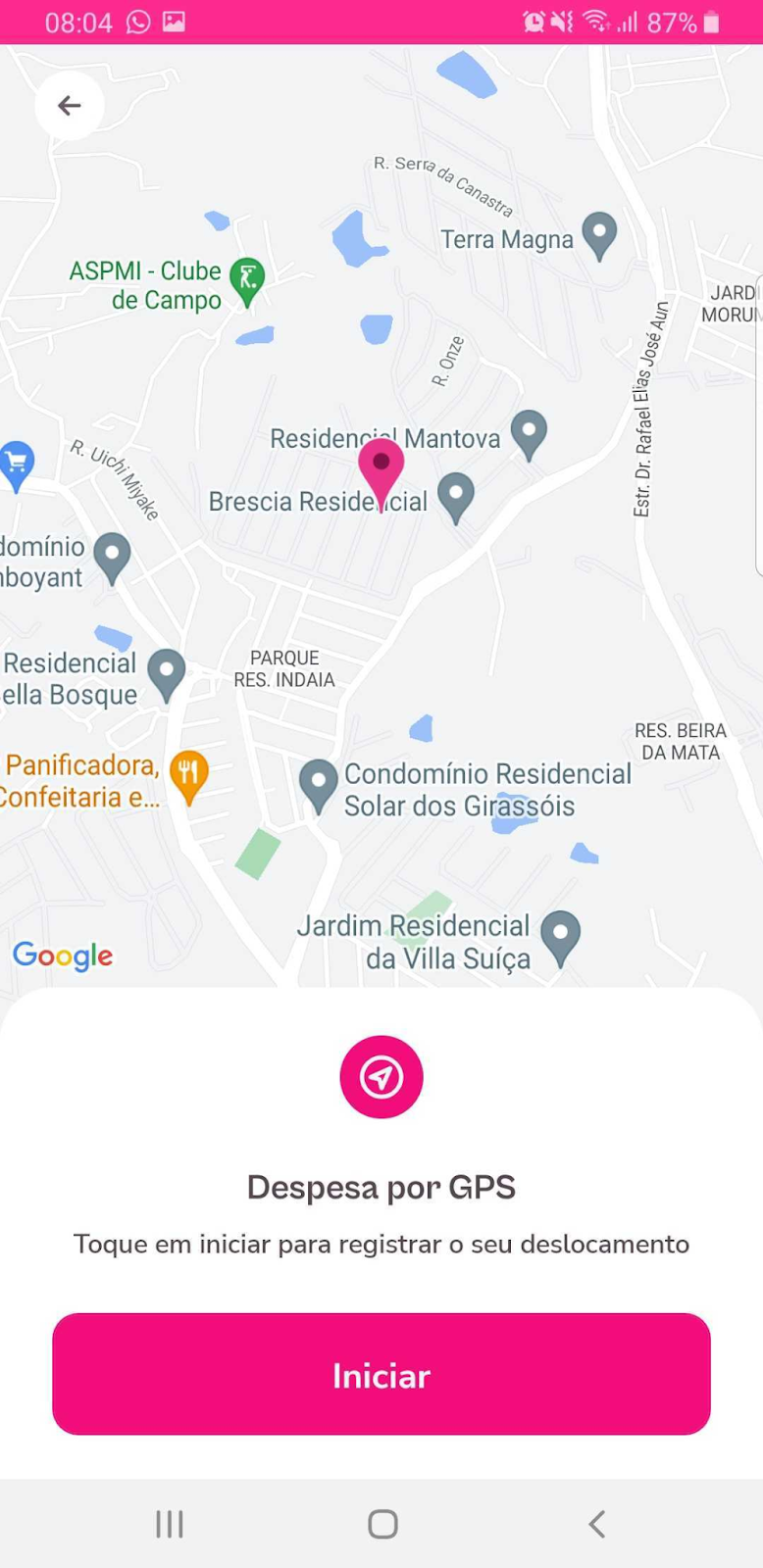 imagem exemplo de localização e o botão iniciar para opção Despesa por GPS