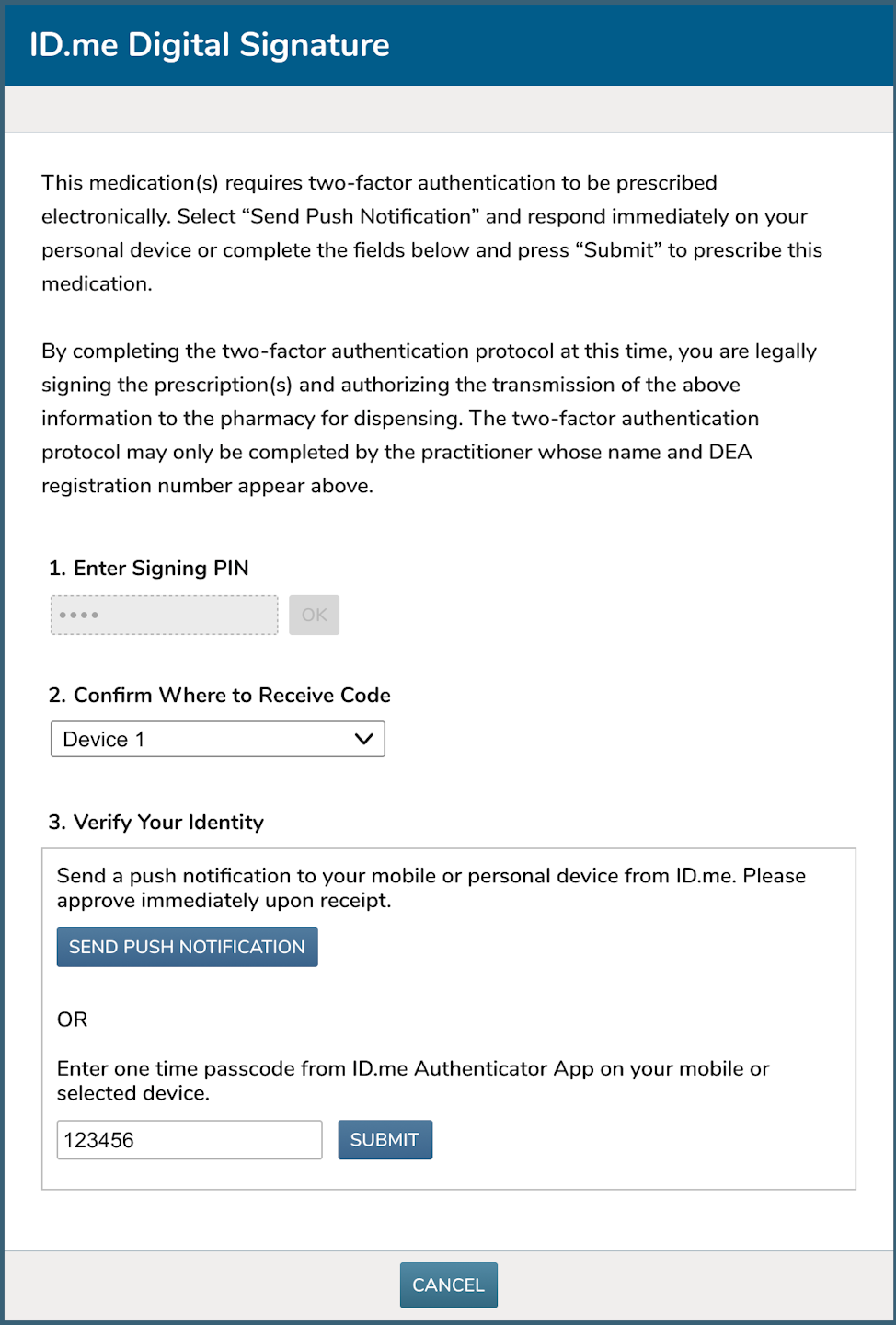 The ID.me Digital Signature window - click to enlarge The ID.me Digital Signature window