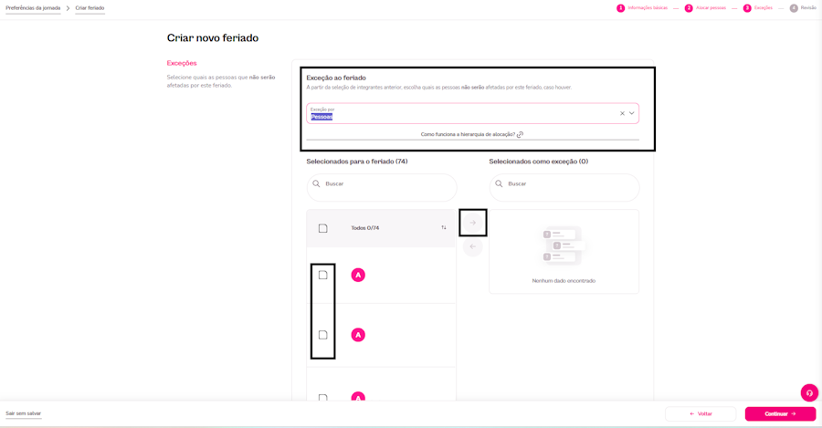 imagem com destaque para os campos de selecionar os colaboradores para exceção de regra de feriado