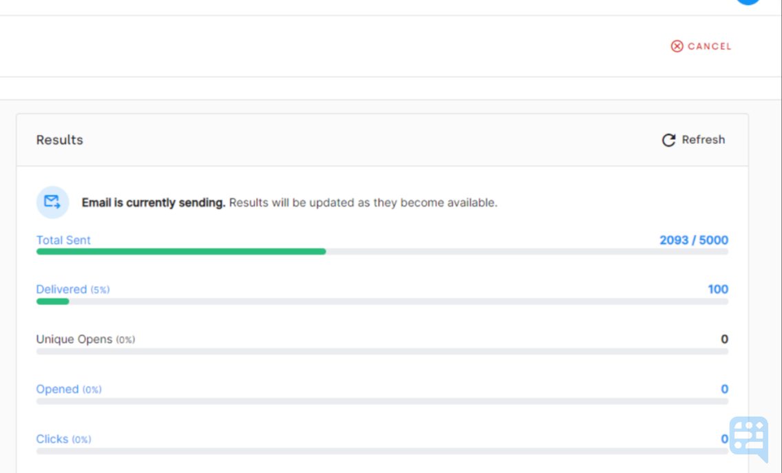 EXAMPLE STATISTICS SHOWING A CURRENTLY SENDING EMAIL WITH CANCEL AND REFRESH ICONS - click to enlarge EXAMPLE STATISTICS SHOWING A CURRENTLY SENDING EMAIL WITH CANCEL AND REFRESH ICONS