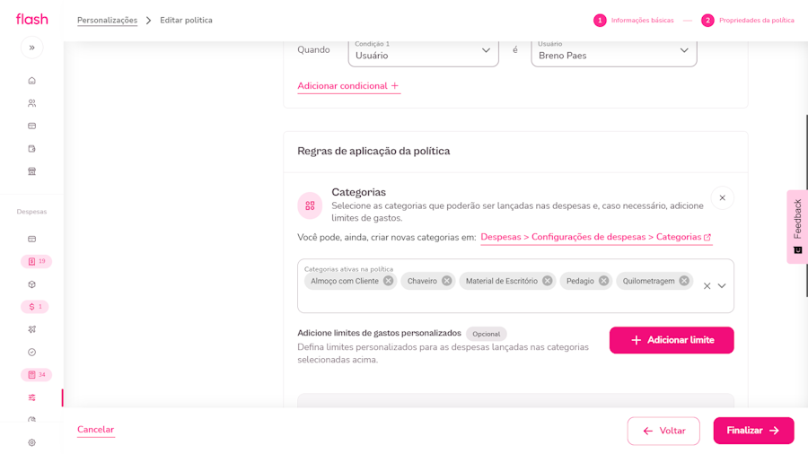 Regras de política com categorias selecionadas, onde possível ativar as que poderão ser utilizadas por quem está submetido à política