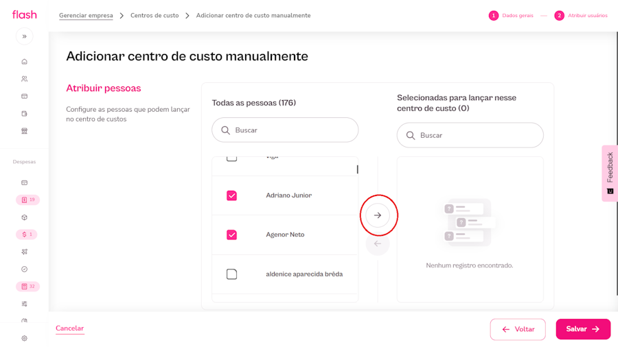 Imagem com colaboradores selecionados para adicionar no centro de custo.
