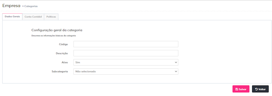 imagem com os campos em branco para adicionar categoria