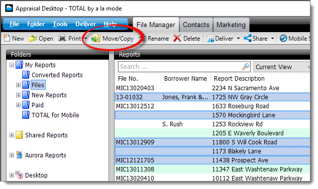 Move or copy selected reports