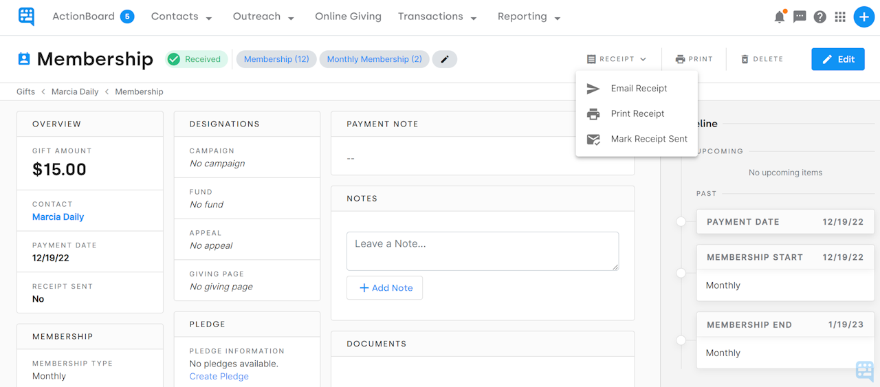 RECEIPT OPTIONS MENU ON EXAMPLE MEMBERSHIP GIFT DISPLAYING OPTIONS TO EMAIL RECEIPT, PRINT RECEIPT, OR MARK RECEIPT SENT - click to enlarge RECEIPT OPTIONS MENU ON EXAMPLE MEMBERSHIP GIFT DISPLAYING OPTIONS TO EMAIL RECEIPT, PRINT RECEIPT, OR MARK RECEIPT SENT