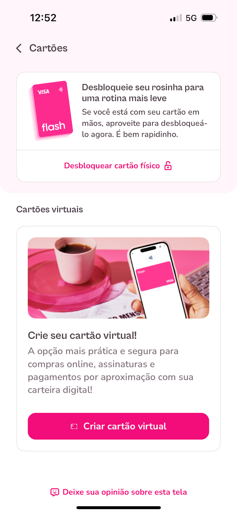 imagem do aplicativo no menu de cartões com a opção desbloquear cartão fisico indicada