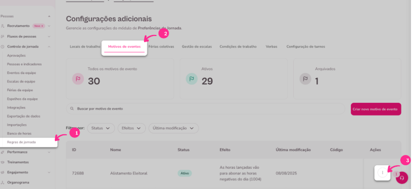 : imagem da plataforma com destaque para o menu de regras de jornada e motivos de eventos