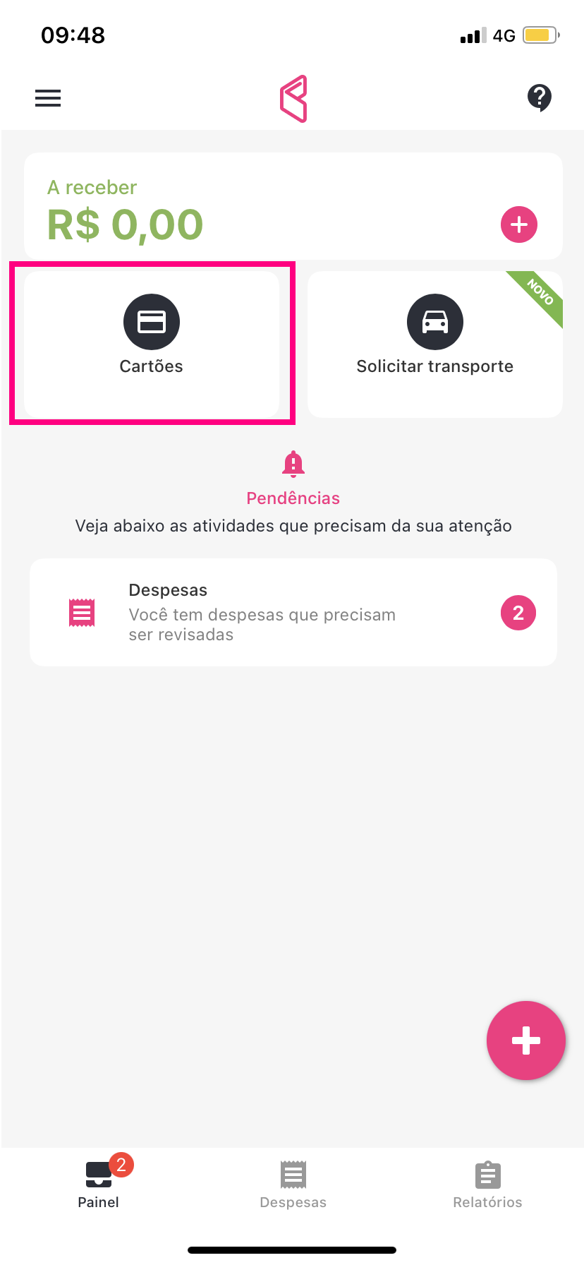 imagem do aplicativo com destaque para o botão de cartões